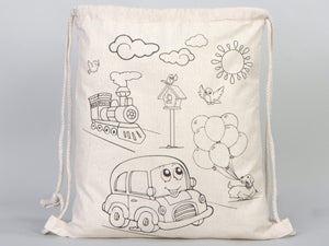 Kids Coloring Drawstring Bag Cotton School Bag with Car Design (No Pencil Included) — lifestyle view | Pamusan