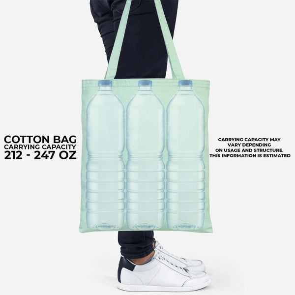 Person holding a light green cotton bag with images of water bottles on a white background