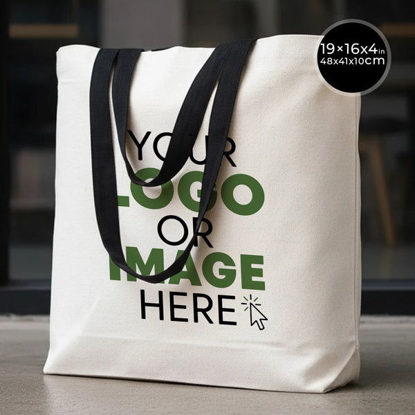 Sac fourre-tout de plage personnalisé en toile avec anses noires – 48 × 41 × 10 cm – Coton 280 g/m² – Pamusan.com