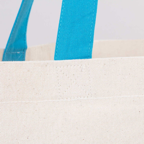 Custom Canvas Beach Tote Bag with Blue Handles – 19" × 16" × 4" (48 × 41 × 10 cm) – 10 oz Cotton - Pamusan.com