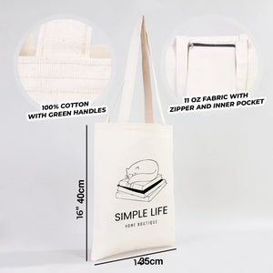 Tote bag au design Simple Life avec ses caractéristiques sur fond gris pour Pamusan.
