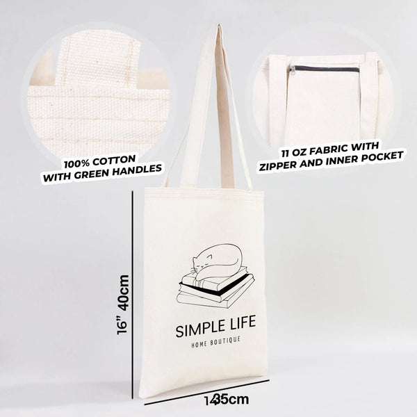 Tote bag au design Simple Life avec ses caractéristiques sur fond gris pour Pamusan.