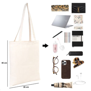 Collage of a tote bag and various items including a laptop, phone, and accessories.