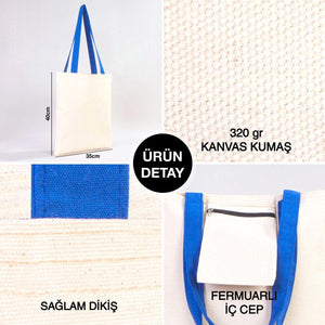 Tote bag en toile Pamusan avec anses bleues et corps blanc, présentant les dimensions et les détails de la matière.