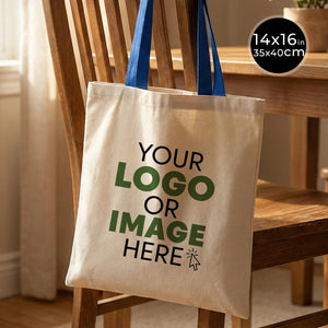 Sac fourre-tout en toile personnalisable avec anses bleues - 35 x 40 cm - 280 g/m² - Pamusan.com