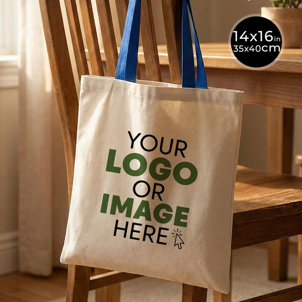 Sac fourre-tout en toile personnalisable avec anses bleues - 35 x 40 cm - 280 g/m² - Pamusan.com