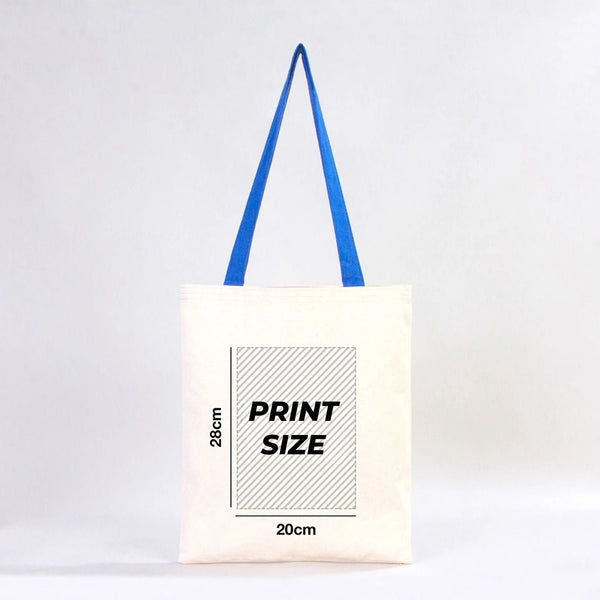 Tote bag Pamusan avec anses bleues et guide des tailles sur fond blanc