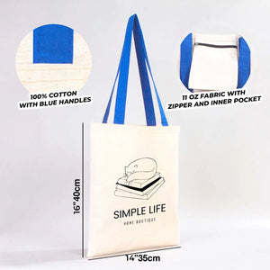 Tote bag en toile avec anses bleues, dimensions et détails de composition sur fond blanc pour Pamusan.