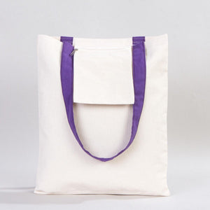 White tote bag with purple handles on a light gray background
