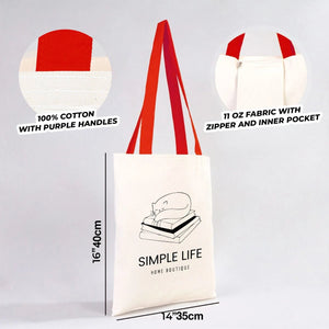 Tote bag blanc à anses rouges marqué Simple Life, présentant les détails du tissu et les dimensions chez Pamusan.