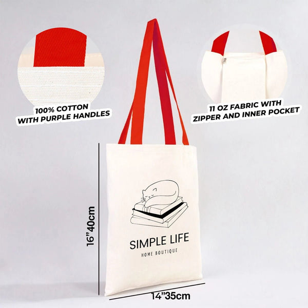 Tote bag blanc à anses rouges marqué Simple Life, présentant les détails du tissu et les dimensions chez Pamusan.