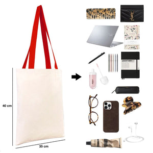 Collage of everyday items including a tote bag, phone, glasses, and stationery on a white background.