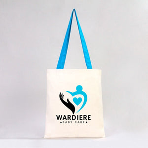 Sac tote bag écru, anses bleues, logo Wardiere soins bébé, 38x42 cm - Pamusan