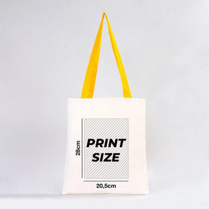 Tote bag avec anses jaunes et informations sur les dimensions de l'impression sur fond blanc Pamusan