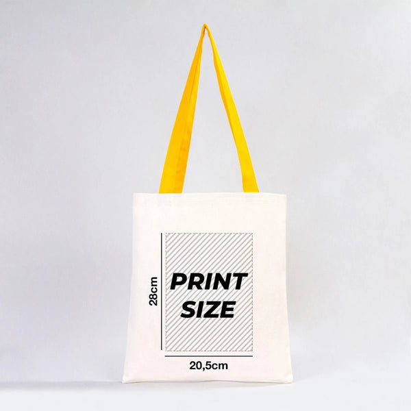 Tote bag avec anses jaunes et informations sur les dimensions de l'impression sur fond blanc Pamusan