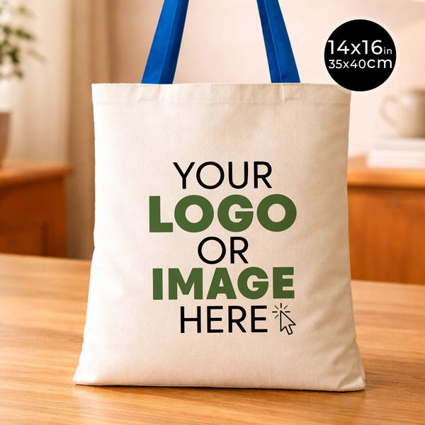 Tote bag en coton personnalisé avec anses bleu Saks – Sac écologique 35x40 cm avec logo – Pamusan.com