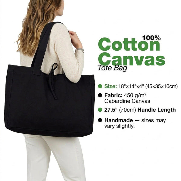 Spécifications du sac fourre‑tout en toile noire - 18 × 14 × 4 po (45 × 35 × 10 cm), coton gabardine 450 g/m² - Pamusan.fr