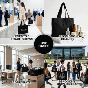 Cas d'utilisation du sac fourre‑tout en toile noire – événements, marques de cosmétiques, cadeaux d’entreprise, écoles – Pamusan.fr