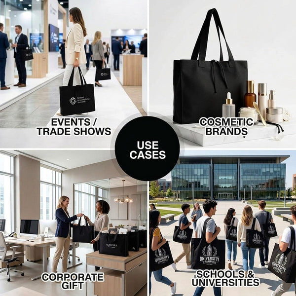 Cas d'utilisation du sac fourre‑tout en toile noire – événements, marques de cosmétiques, cadeaux d’entreprise, écoles – Pamusan.fr