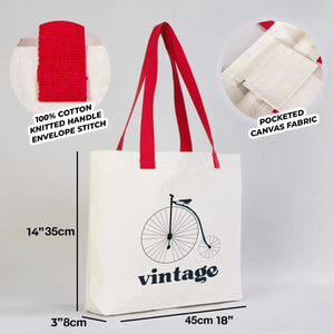 Sac cabas toile blanc, anses coton rouge, motif vélo vintage, poche intérieure, 35x45x8cm - Pamusan