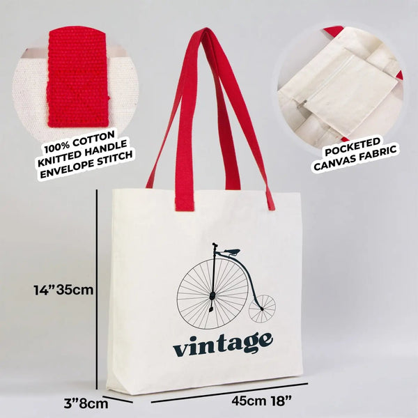 Sac cabas toile blanc, anses coton rouge, motif vélo vintage, poche intérieure, 35x45x8cm - Pamusan