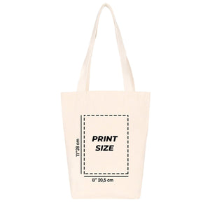 Tote bag beige avec indication des dimensions de l'impression sur fond blanc pour Pamusan