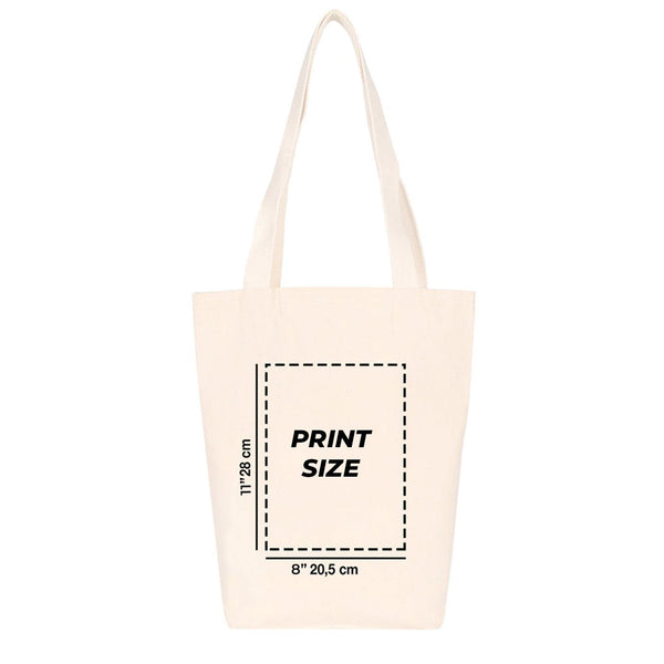 Tote bag beige avec indication des dimensions de l'impression sur fond blanc pour Pamusan