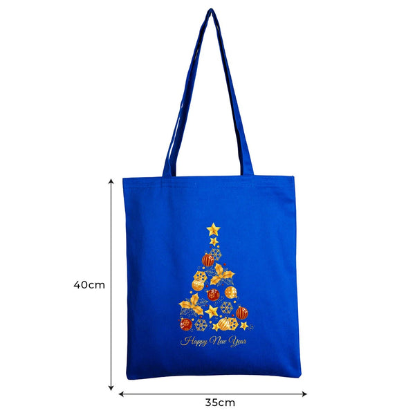 Blue tote bag with a Christmas tree design and measurements on a white background