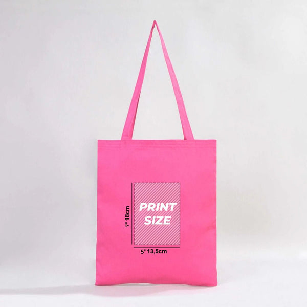 Pink tote bag with text on a white background