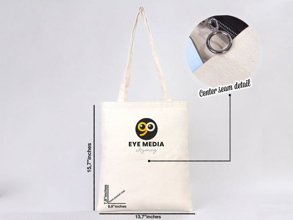 Sac cabas personnalisé Eye Media Agency en toile de coton avec fermeture éclair, 40x35cm, poche avant 20x17cm - Pamusan