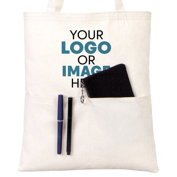 Sac tote bag en coton écru personnalisable avec poche extérieure, contenant stylos et pochette. Dimensions non spécifiées - Pamusan