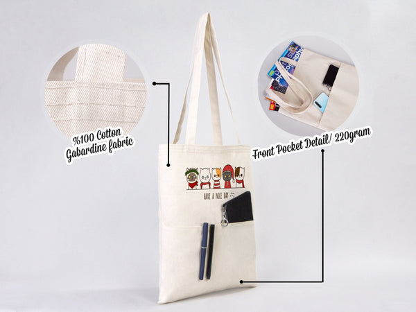 sac cabas coton gabardine 220g avec poche avant motif chats - Pamusan