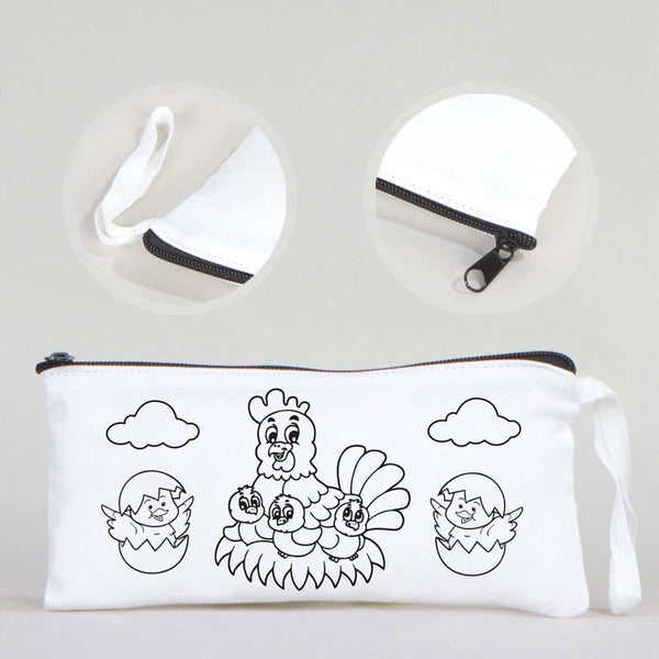 Dyeable Fabric Pencil Case 8" W x 4" H (21cm x 10cm) - Happy Chickens - Pamusan.com