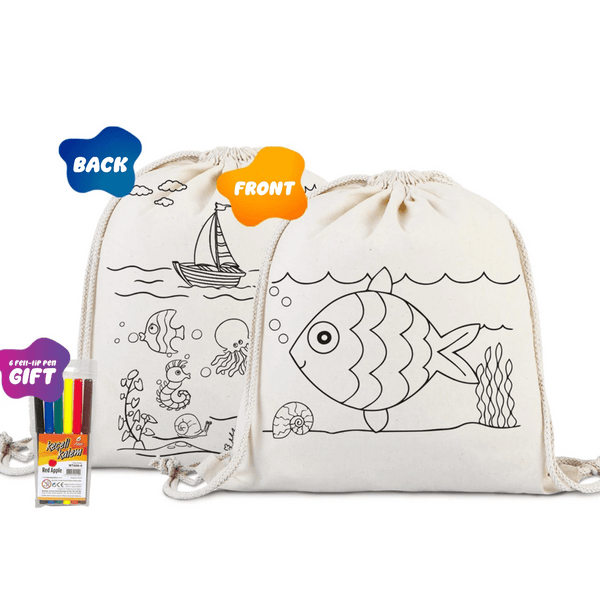 Sac fourre-tout à cordon de serrage à colorier poisson et bateau avec feutre pour enfants