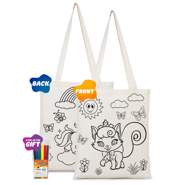 Dyeable Tote Bag 14" W x 16" H (35cm x 40cm) & Felt - tip Pen - Cat & Unicorn - Pamusan.com