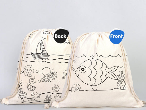 Fish Coloring Drawstring Bag for Kids – Cotton Backpack for Crafts — back view | Pamusan
