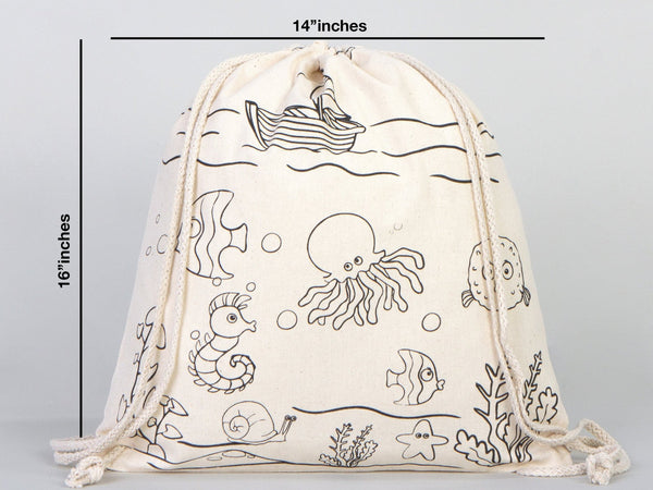Fish Coloring Drawstring Bag for Kids – Cotton Backpack for Crafts — back view | Pamusan