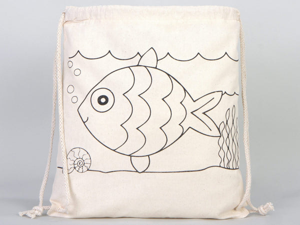 Fish Coloring Drawstring Bag for Kids – Cotton Backpack for Crafts — back view | Pamusan