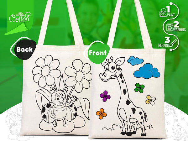 Sac fourre-tout à colorier girafe et abeille pour enfants — sac d'activité écologique en coton