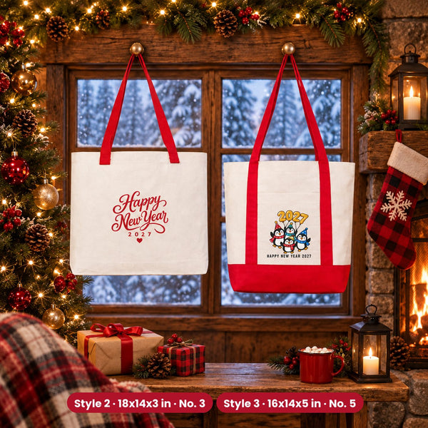 Sacs en toile du Réveillon – tote bags en 3 modèles, 9 motifs Happy New Year 2027 : Large City 45 × 35 × 10 cm, anses rouges 45 × 35 × 8 cm ou bordure rouge 40 × 35 × 12 cm - Pamusan.fr