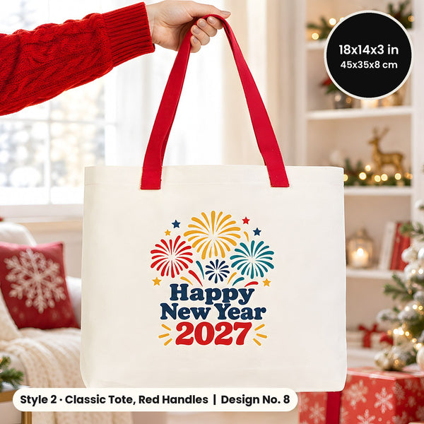 Sacs en toile du Réveillon – tote bags en 3 modèles, 9 motifs Happy New Year 2027 : Large City 45 × 35 × 10 cm, anses rouges 45 × 35 × 8 cm ou bordure rouge 40 × 35 × 12 cm - Pamusan.fr