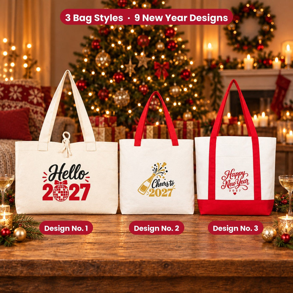 Happy New Year Tote Bags Bulk – Canvas Tote Bags in 3 Styles: Large City 18" × 14" × 4", Red Handles 18" × 14" × 3" or Red Trim 16" × 14" × 5", 9 New Year 2027 Designs - Pamusan.com