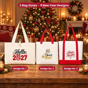 Sacs en toile du Réveillon – tote bags en 3 modèles, 9 motifs Happy New Year 2027 : Large City 45 × 35 × 10 cm, anses rouges 45 × 35 × 8 cm ou bordure rouge 40 × 35 × 12 cm - Pamusan.fr