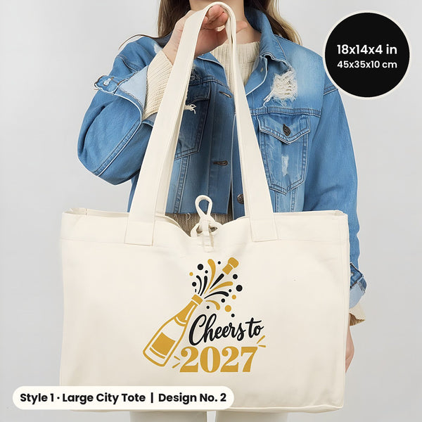 Sacs en toile du Réveillon – tote bags en 3 modèles, 9 motifs Happy New Year 2027 : Large City 45 × 35 × 10 cm, anses rouges 45 × 35 × 8 cm ou bordure rouge 40 × 35 × 12 cm - Pamusan.fr