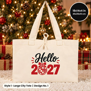 Sacs en toile du Réveillon – tote bags en 3 modèles, 9 motifs Happy New Year 2027 : Large City 45 × 35 × 10 cm, anses rouges 45 × 35 × 8 cm ou bordure rouge 40 × 35 × 12 cm - Pamusan.fr