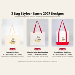 Sacs en toile du Réveillon – tote bags en 3 modèles, 9 motifs Happy New Year 2027 : Large City 45 × 35 × 10 cm, anses rouges 45 × 35 × 8 cm ou bordure rouge 40 × 35 × 12 cm - Pamusan.fr