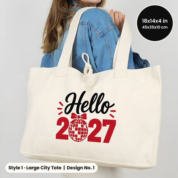 Sacs en toile du Réveillon – tote bags en 3 modèles, 9 motifs Happy New Year 2027 : Large City 45 × 35 × 10 cm, anses rouges 45 × 35 × 8 cm ou bordure rouge 40 × 35 × 12 cm - Pamusan.fr