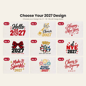 Sacs en toile du Réveillon – tote bags en 3 modèles, 9 motifs Happy New Year 2027 : Large City 45 × 35 × 10 cm, anses rouges 45 × 35 × 8 cm ou bordure rouge 40 × 35 × 12 cm - Pamusan.fr