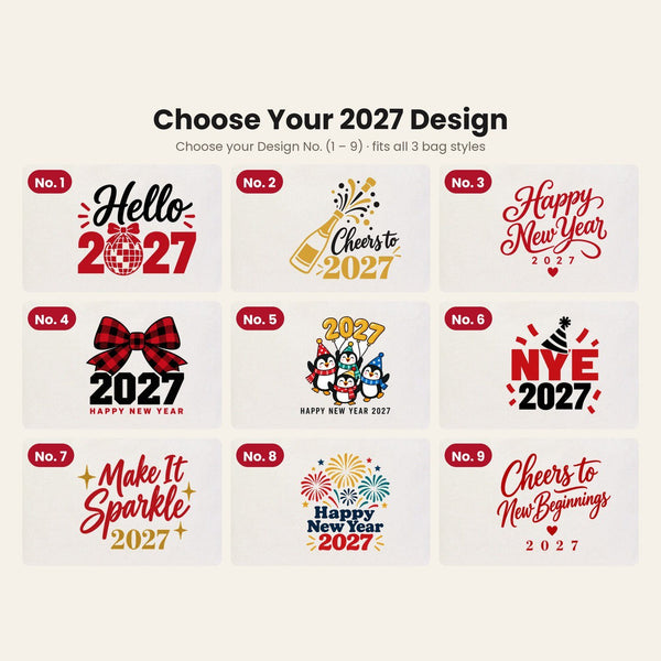 Sacs en toile du Réveillon – tote bags en 3 modèles, 9 motifs Happy New Year 2027 : Large City 45 × 35 × 10 cm, anses rouges 45 × 35 × 8 cm ou bordure rouge 40 × 35 × 12 cm - Pamusan.fr