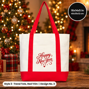 Sacs en toile du Réveillon – tote bags en 3 modèles, 9 motifs Happy New Year 2027 : Large City 45 × 35 × 10 cm, anses rouges 45 × 35 × 8 cm ou bordure rouge 40 × 35 × 12 cm - Pamusan.fr